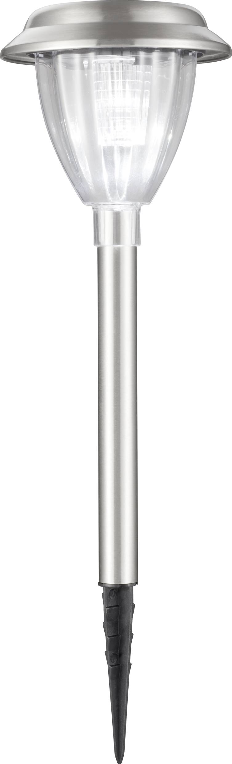 Solar-powered garden light made of stainless steel with a transparent shade and a pointed ground spike for easy placement in the ground.