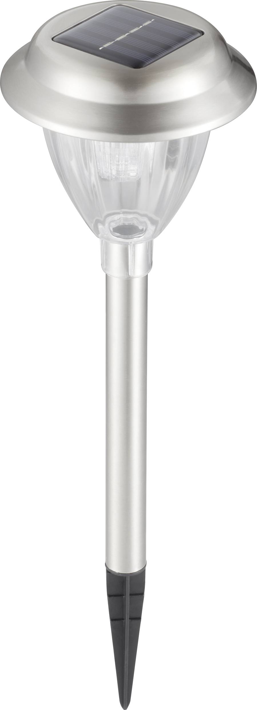 Solar-powered garden lamp made of metal and glass, with a pointed ground stake; illuminates paths and gardens at night.