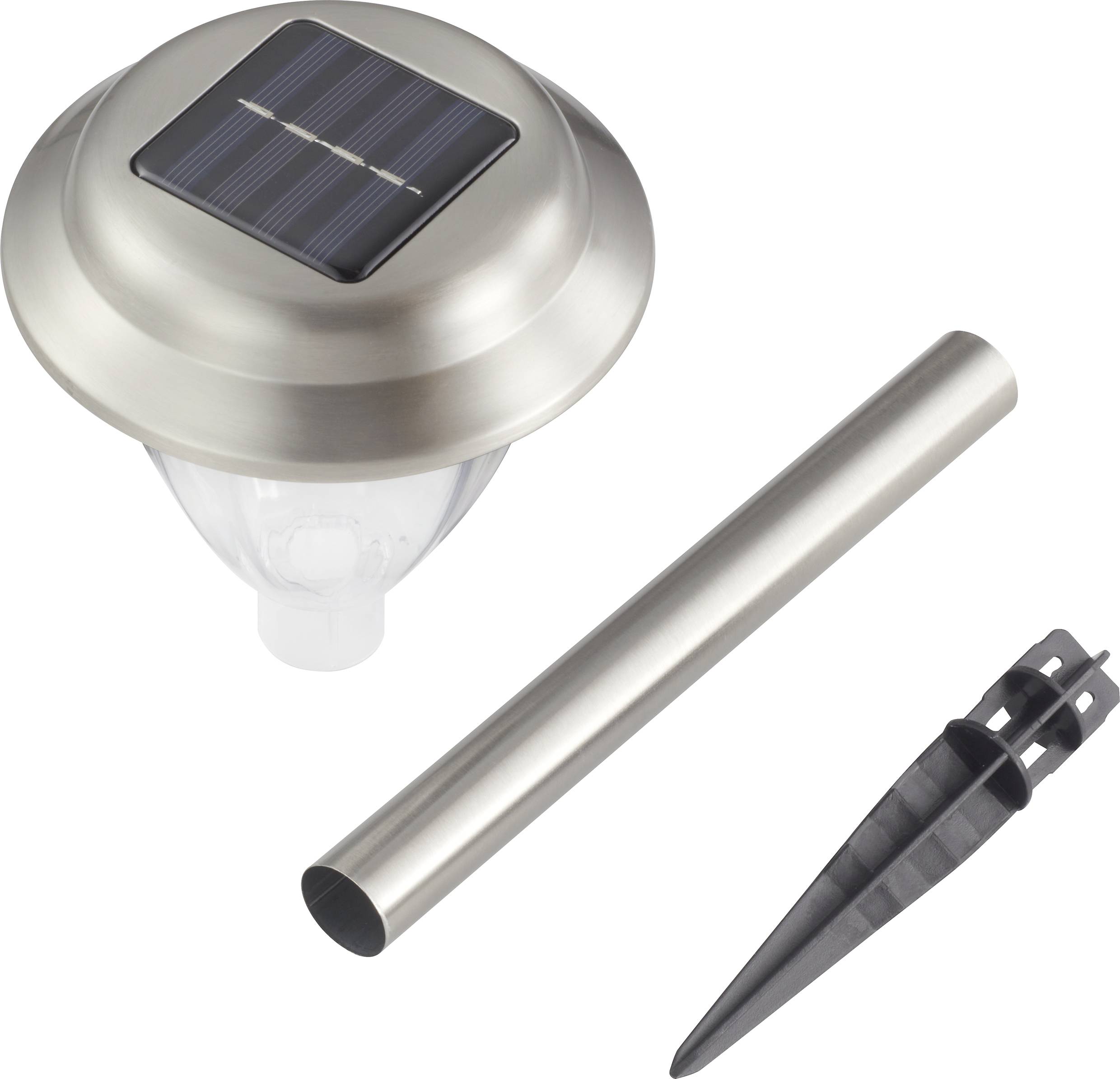 Stainless steel solar lamp with ground spike and pole, suitable for the garden. A solar panel is mounted at the top to charge during daylight hours.