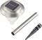 Stainless steel solar lamp with ground spike and pole, suitable for the garden. A solar panel is mounted at the top to charge during daylight hours.