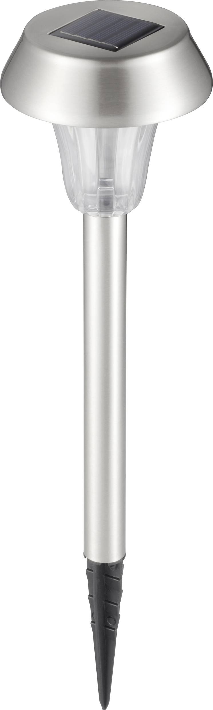 Solar lamp with a silver housing and transparent cover, suitable for outdoor use, with a solar panel on the top.