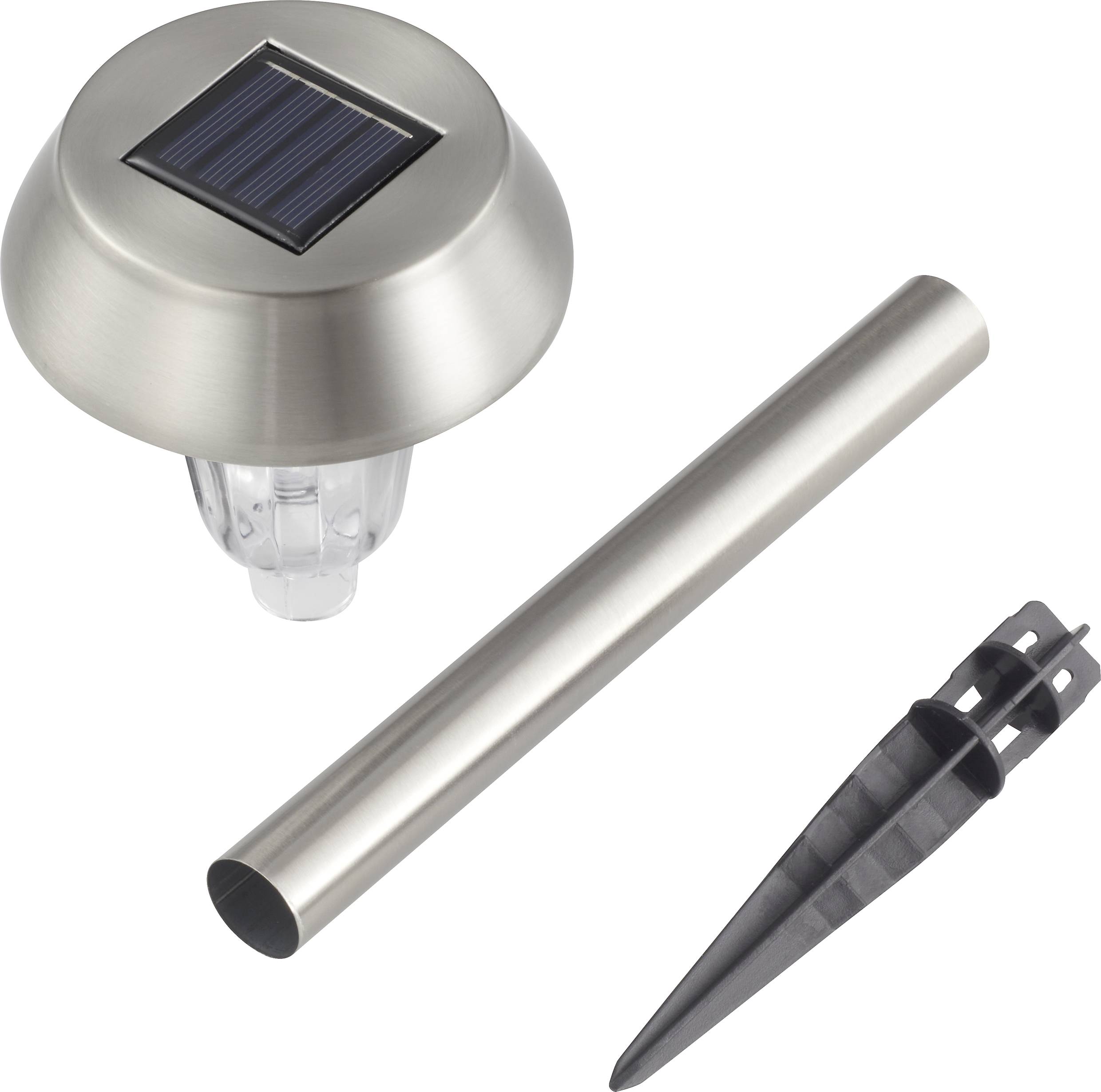 'Stainless steel solar lamp with ground spike and mounting tube for garden installation, including solar panel for eco-friendly illumination.'