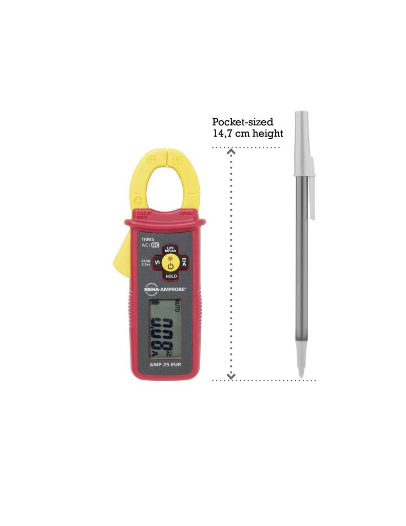 A portable, digital power metre next to a ballpoint pen for size reference; height of the measuring device: 14.7 cm.