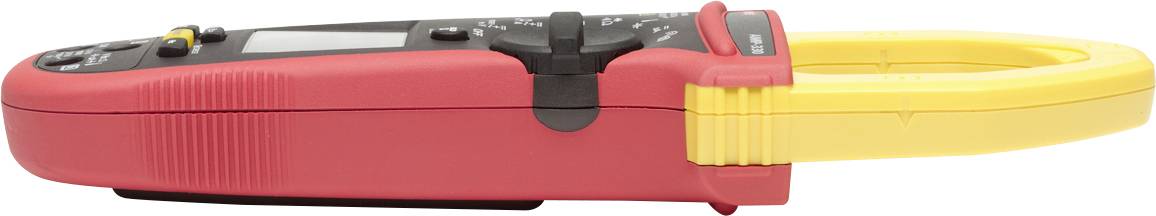 A digital ammeter with a yellow clamp and red casing, used for measuring electrical current in cables.