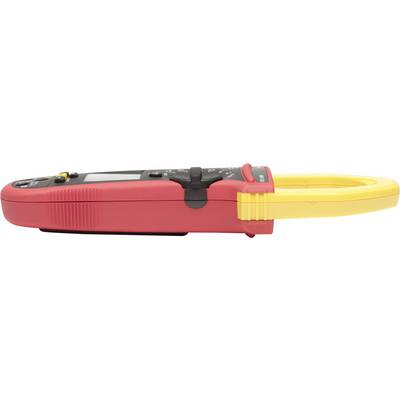 A digital ammeter with a yellow clamp and red casing, used for measuring electrical current in cables.