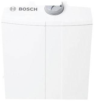 A white Bosch water heater with a rotary dial at the top, featuring the brand's typical logo on the left side.