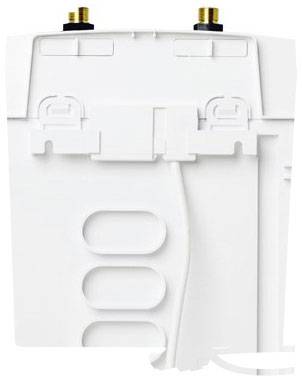 A white, rectangular plastic enclosure with two cable connections on top and a relief texture on the front.