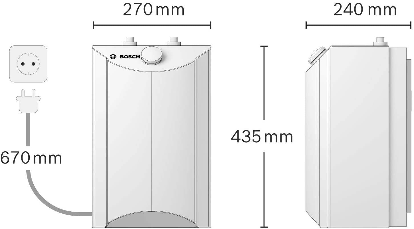 'Bosch' Water Heater, Dimensions: 270 mm width, 435 mm height, 240 mm depth, Mains cable length: 670 mm. Front and side view.
