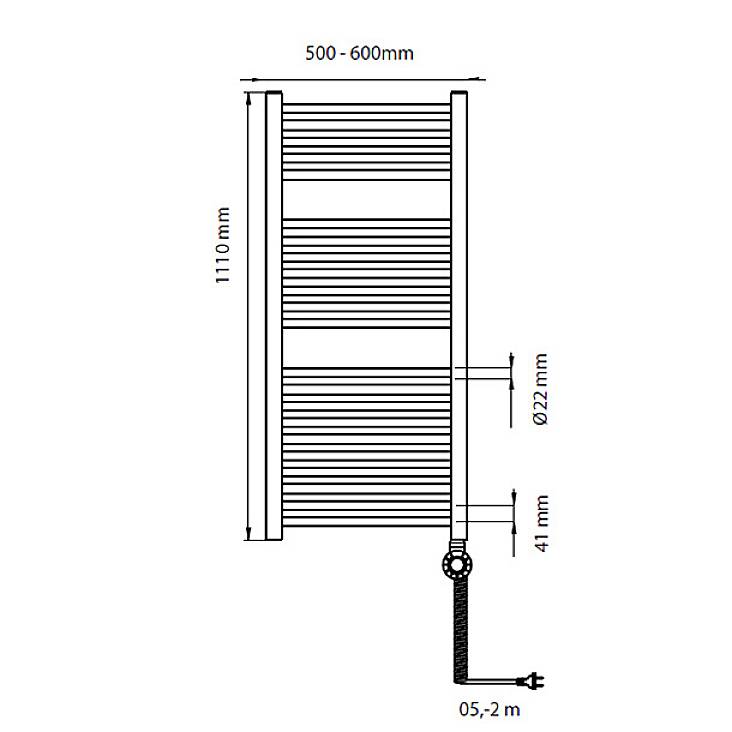 Technical drawing of a radiator with dimensions: Height 1110 mm, Width 500-600 mm, Pipe diameter 22 mm, Wall clearance 52 mm.