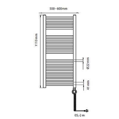 Technical drawing of a radiator with dimensions: Height 1110 mm, Width 500-600 mm, Pipe diameter 22 mm, Wall clearance 52 mm.