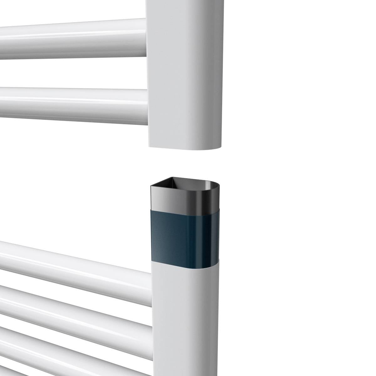 White, horizontal heating bars of a towel warmer. Partial view with a blue accent on the side. Modern, minimalist style.