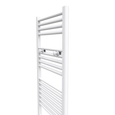 White radiator bar with horizontal fins, suitable for use as a towel warmer in the bathroom.