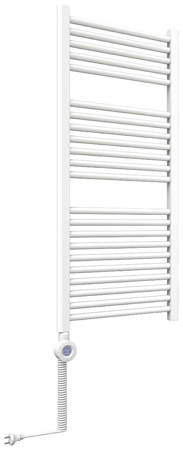 Electric towel radiator in white, vertically mounted, with spiral cable and temperature control. Ideal for bathrooms.