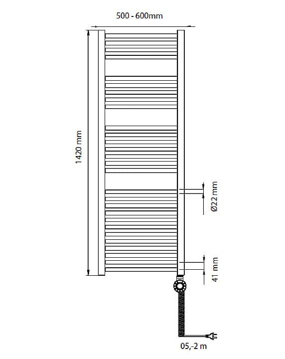 Schematic of a rectangular radiator with dimensions 1420 mm height, 500-600 mm width, pipe diameter 22 mm. Side view.