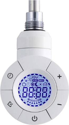 An electronic thermostatic valve in close-up shows a digital display with symbols for temperature setting and control.