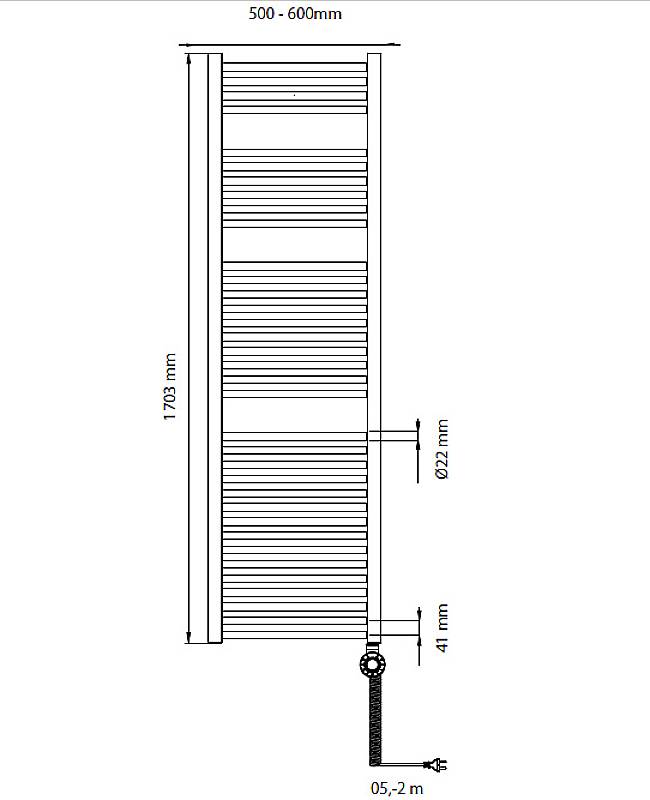 Diagram of a radiator with dimensions: Height 1703 mm, Width 500-600 mm, Pipe diameter 22 mm, Bottom clearance 41 mm, Total height 5.2 m.