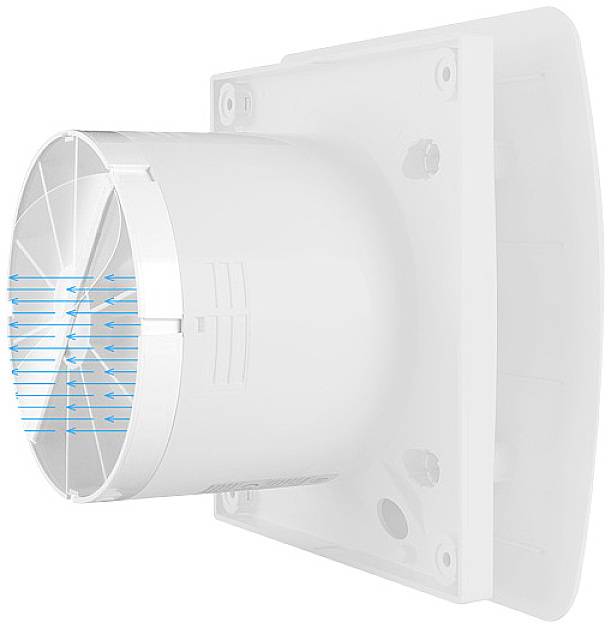 'Bosch' ventilation system, dimensions shown. Main image displays fan from the front, detail images from the side and back. Text describes easy installation using standard tools.
