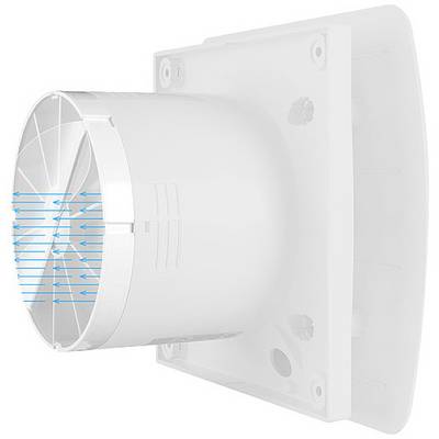 A square ventilation fan with two views: frontal and side. Text: 'Simple installation, one-man assembly with standard tools'. Dimensions are provided.