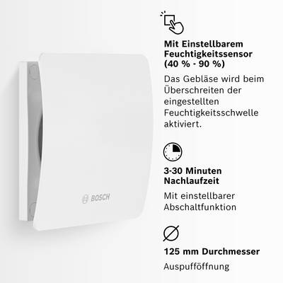 'Ventilation unit with humidity sensor (40%-90%), activated when threshold is exceeded. 3-30 min run-on time, 125 mm exhaust opening.'