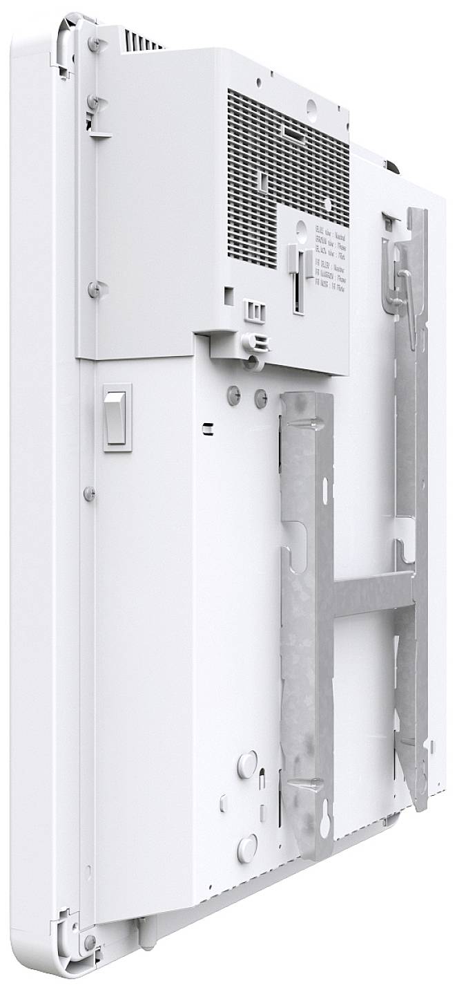 Side view of a white, rectangular electronic device with ventilation grille and wall mounting on the back.