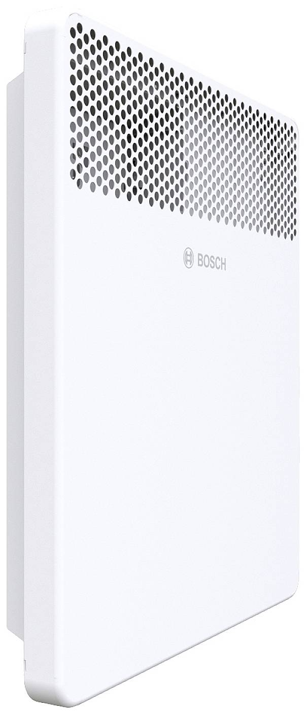 White, rectangular radiator with perforated ventilation holes at the top, brand logo prominently visible in the centre.