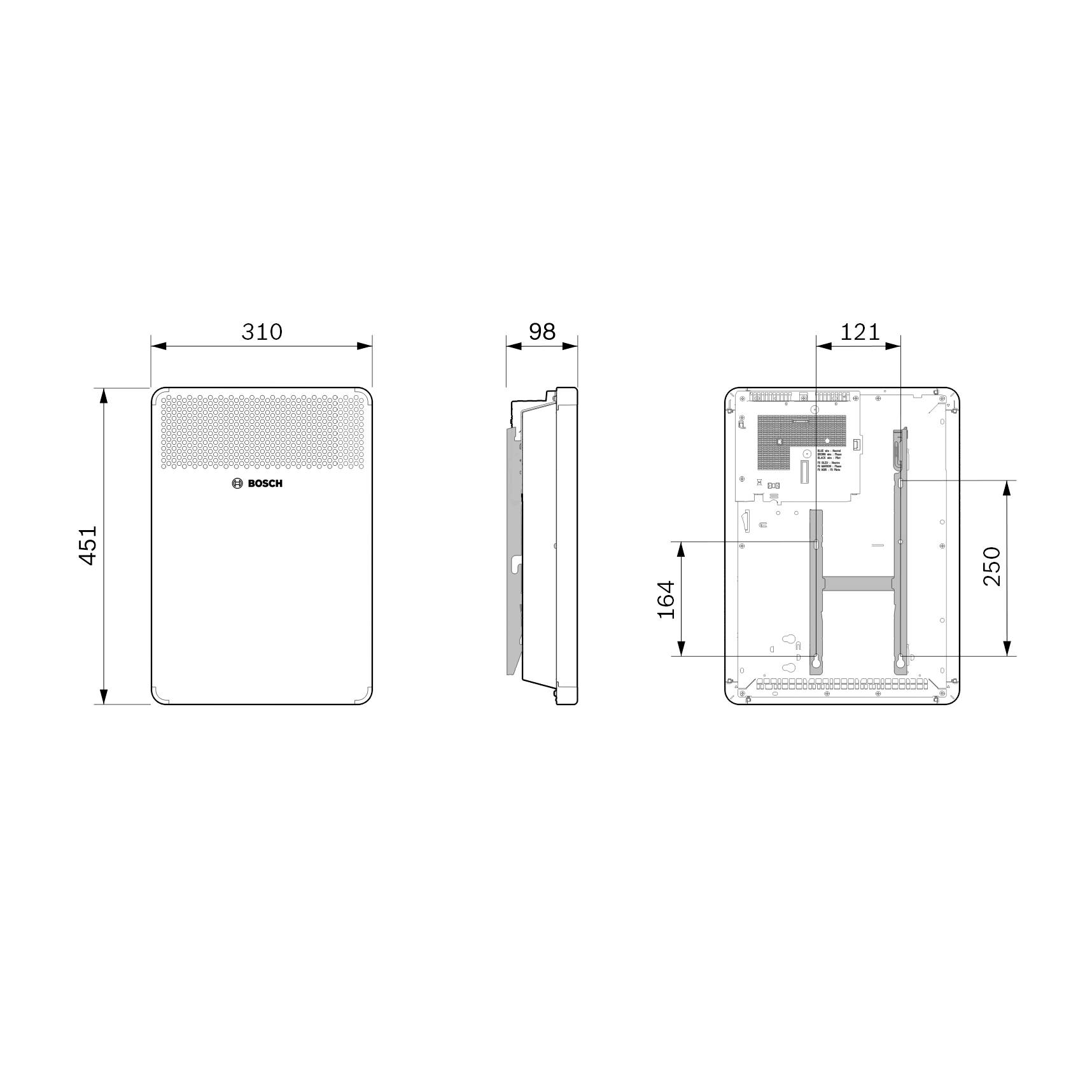 'Technical drawing of a rectangular Bosch device with dimensions: 451mm high, 310mm wide, 98mm deep. Side and rear view.'