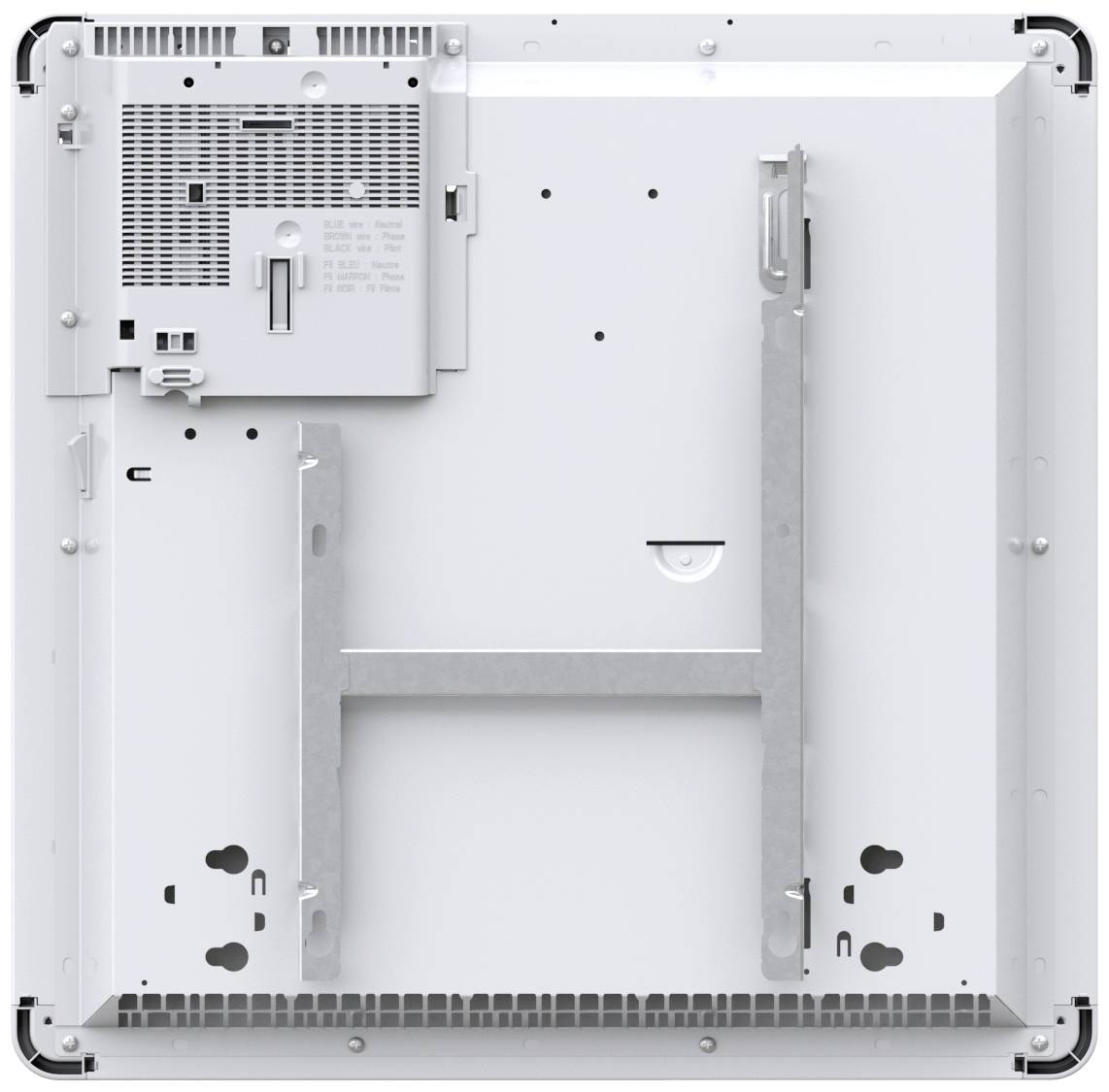 Back of an electronic device with ventilation grille and mounting brackets, likely designed for wall mounting.