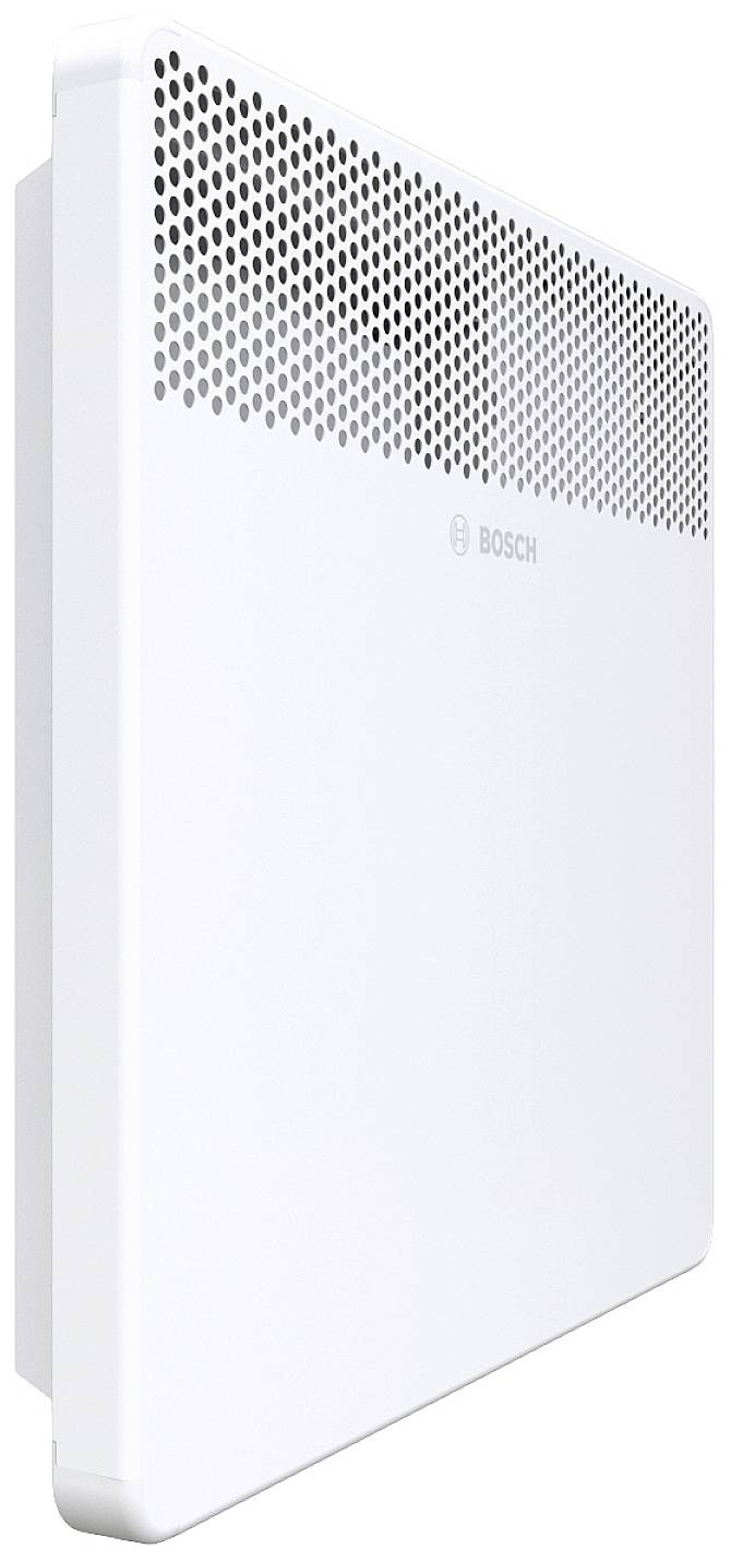 A white, rectangular radiator with a perforated pattern on the top surface.