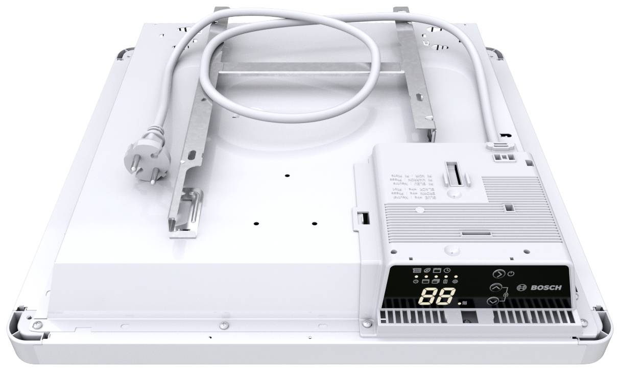 'Back of a Bosch device with connection cable and control module. Shows digital display with the number 88 and mounting brackets.'