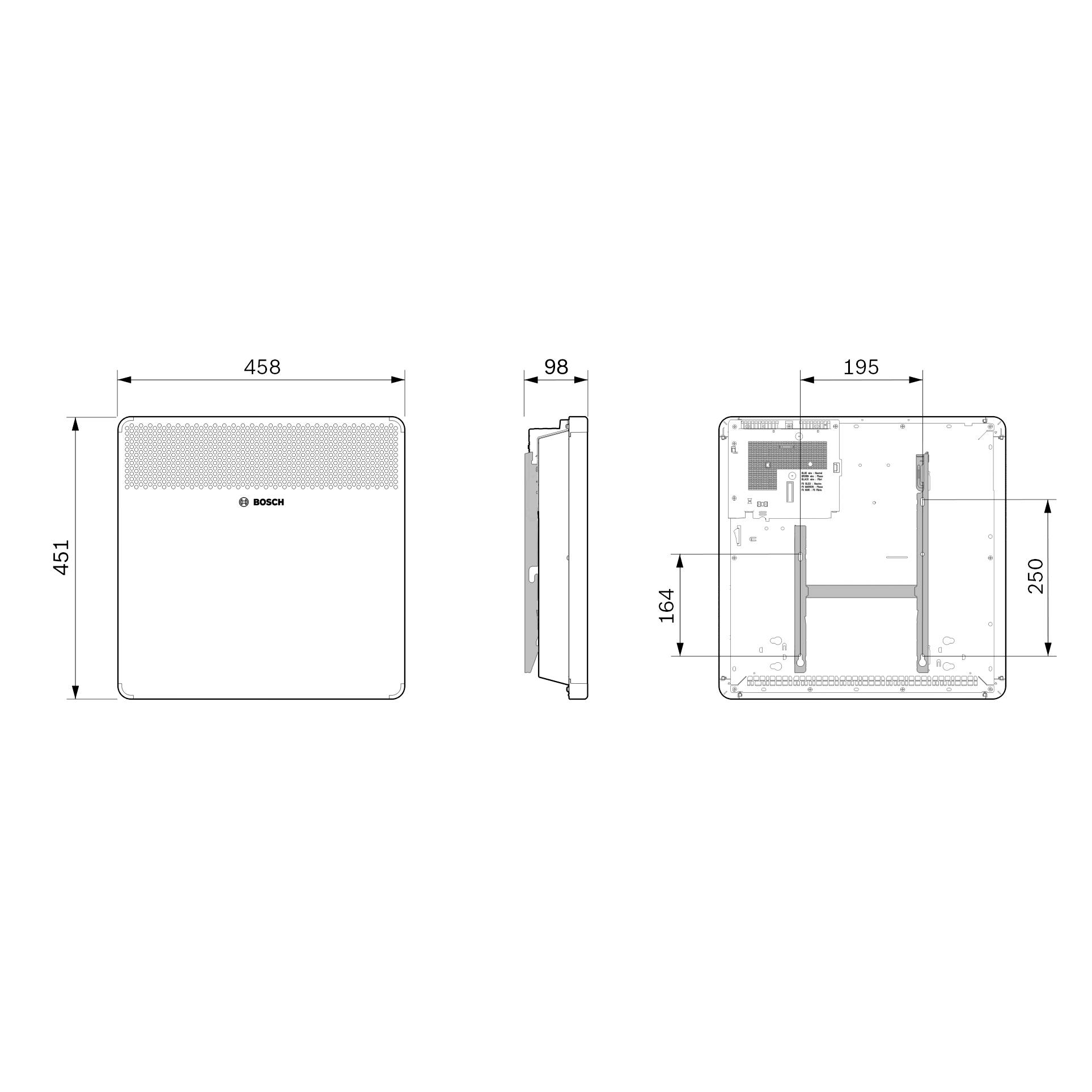 Technical drawing of a Bosch device showing front, side, and rear views. Dimensions: 458 mm width, 451 mm height, 98 mm depth.