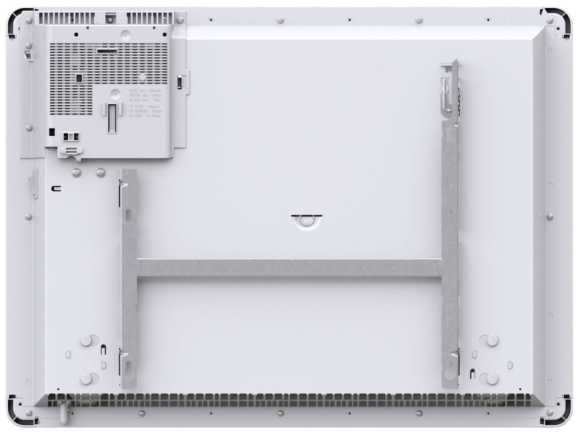 White rear side of an electrical device with a mounting bracket and ventilation grille. Connection and control elements are located in the top left.