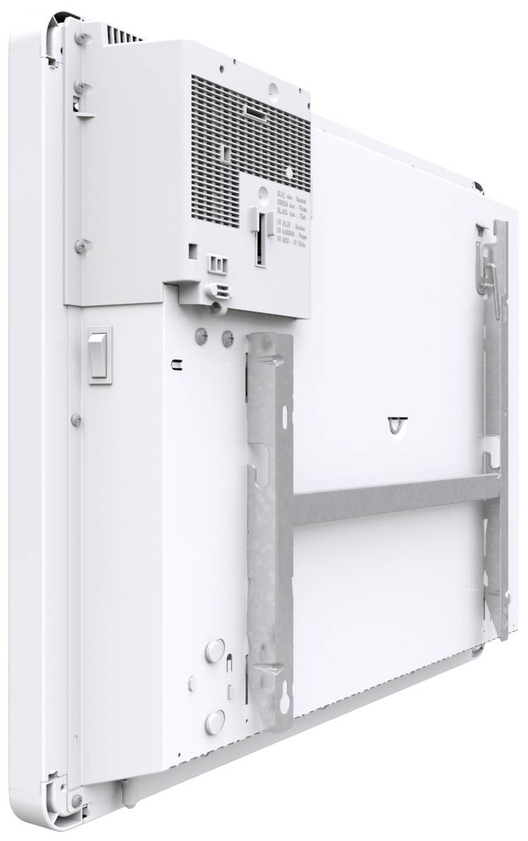 White wall-mounted device with ventilation slots and mounting rails, likely a technical or electronic piece of equipment.