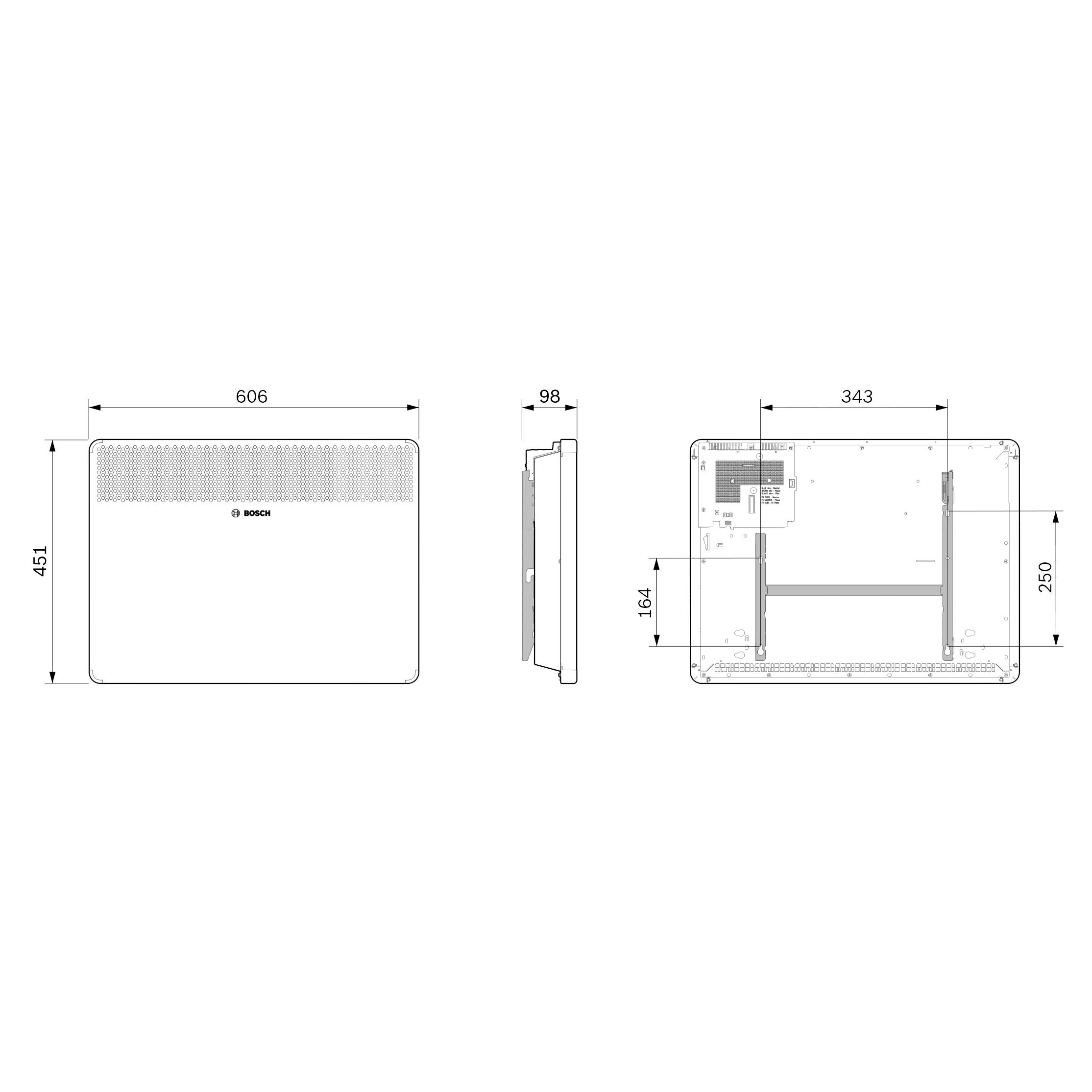 'BOSCH' Hot Water Radiator Technical Drawing: Dimensions 606mm x 451mm, Side View 98mm. Rear View Shows Connections and Mounting Points.