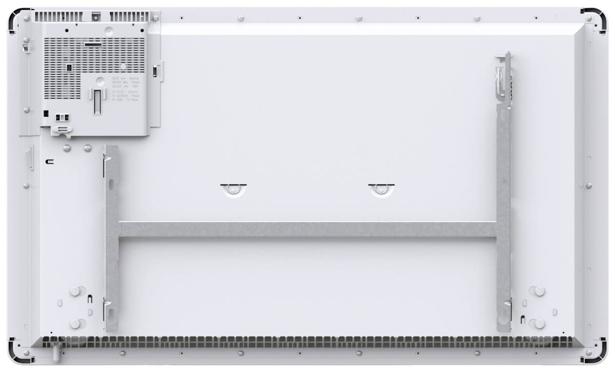 View of the rear of a monitor with mounting brackets and connection ports in the top left. Suitable for wall mounting, standardised layout.