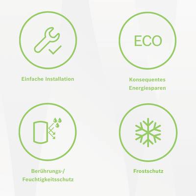 Four green symbols: 'Simple Installation', 'Energy Saving', 'Touch/Moisture Protection', 'Frost Protection'.