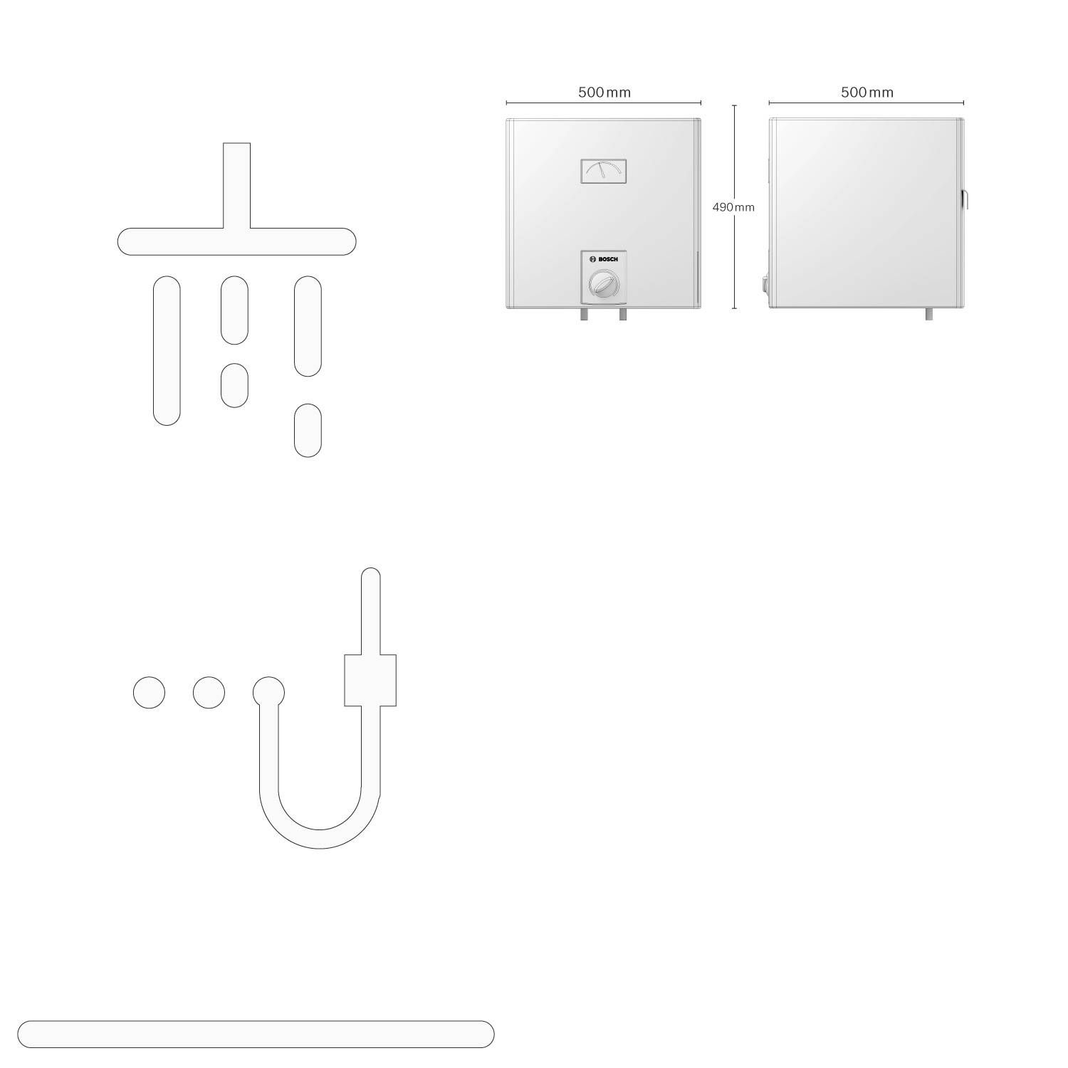 'Schematic representation of a shower system with housing dimensions: 500 mm width and 480 mm height.'