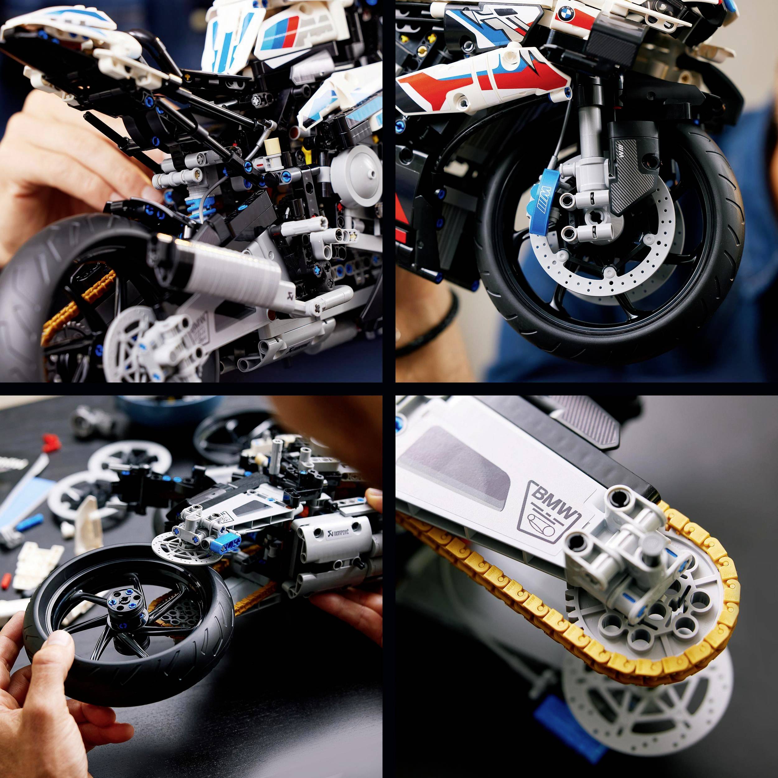 A person is assembling a model motorcycle from building blocks. Details of the motorcycle such as wheels and engine are in focus. Hands are mounting the parts.
