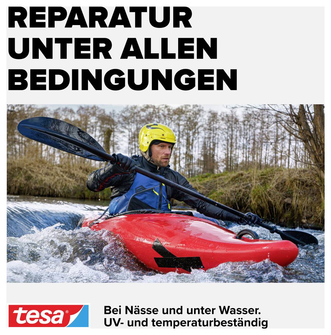 A kayaker wearing a helmet paddles on a river. Text at the top: 'Repair under all conditions'. Below: 'In wet conditions and underwater. UV and temperature resistant'.