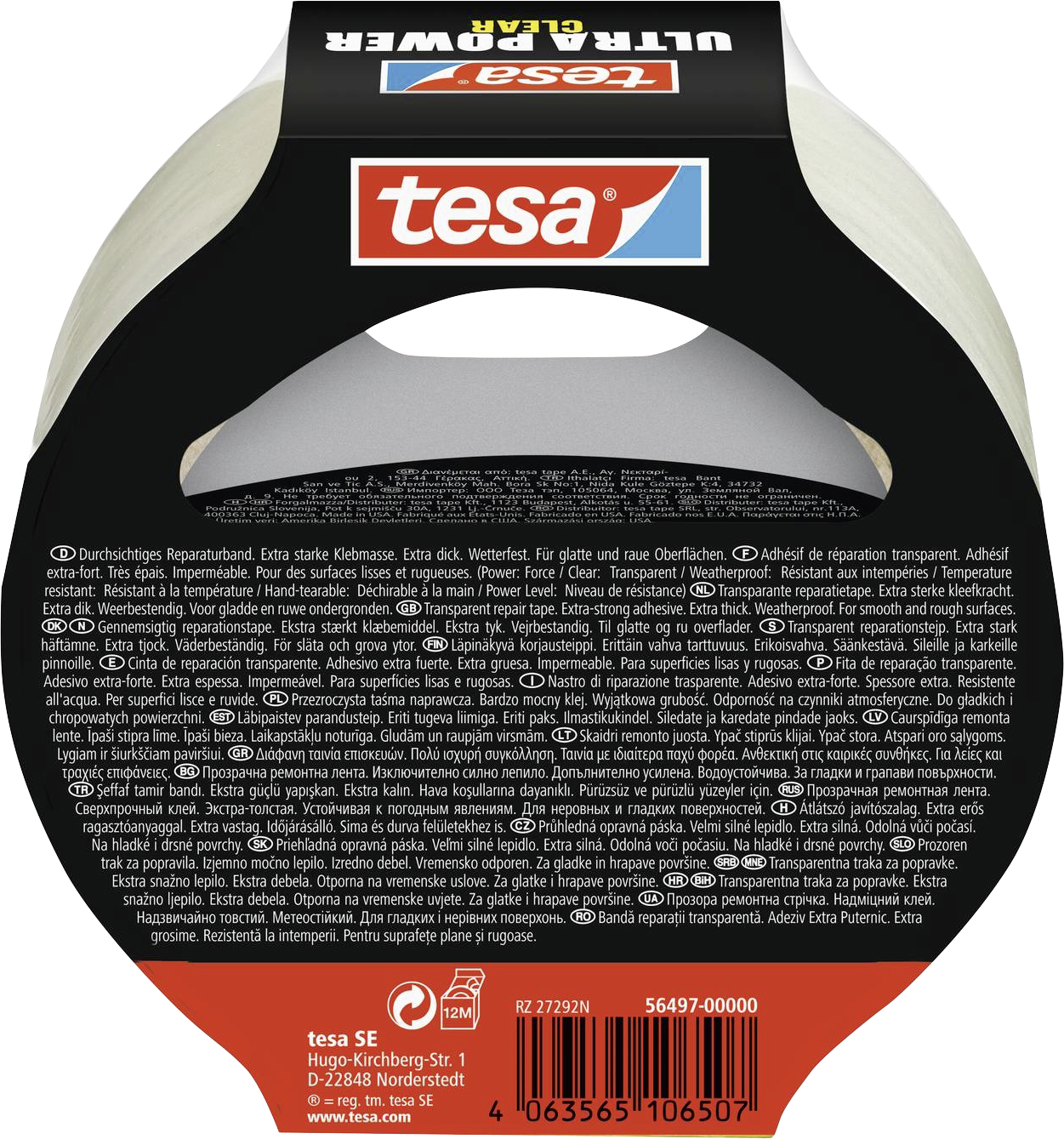 tesa® Ultra power Clear Repairing Tape - transparent repair tape for invisible repairs - weather-resistant and tear-able by hand - 20 m x 48 mm