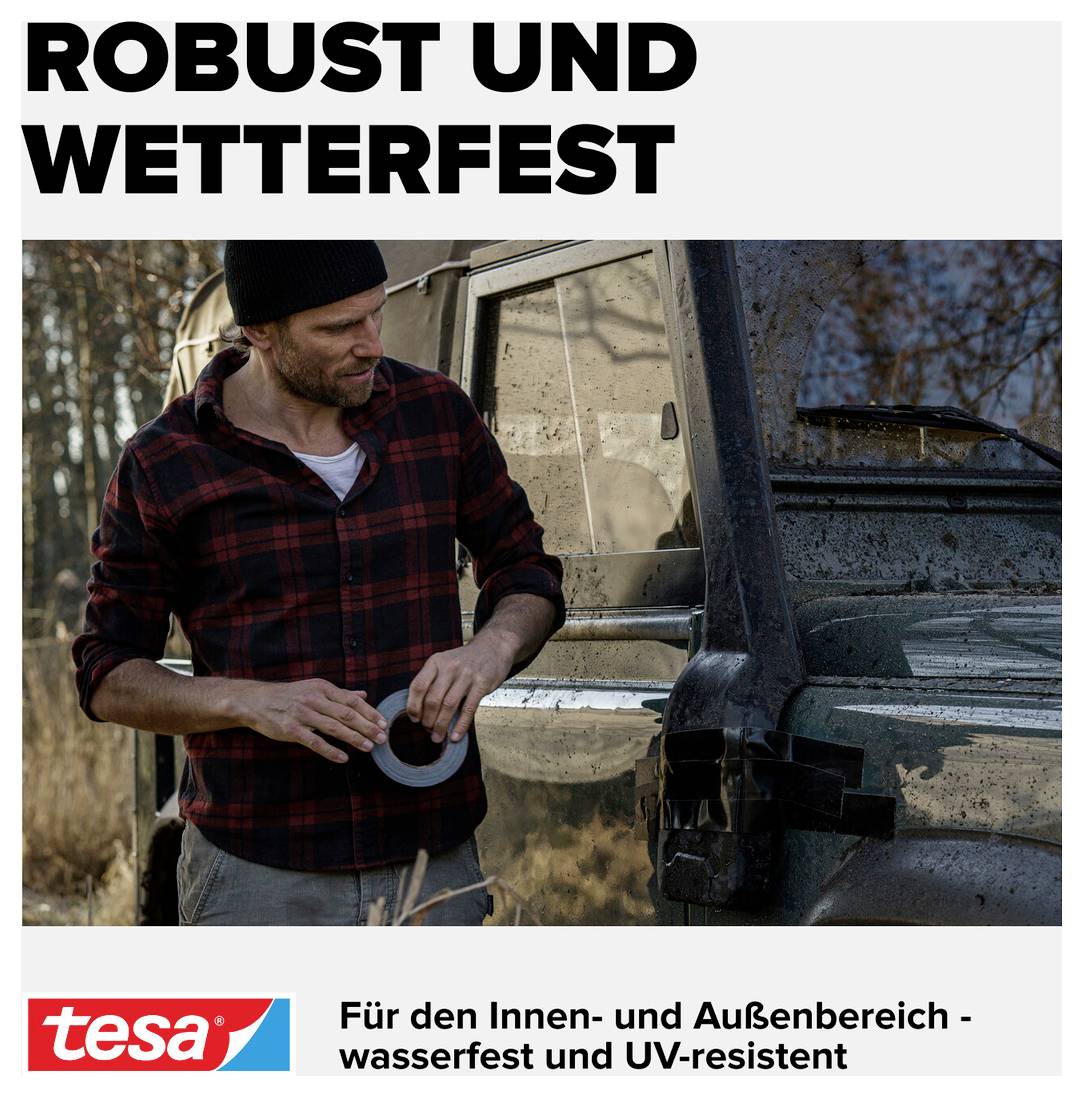 Man repairs an off-road vehicle with duct tape in the woods; Text: 'Robust and weatherproof', 'For indoor and outdoor use - waterproof and UV-resistant'.