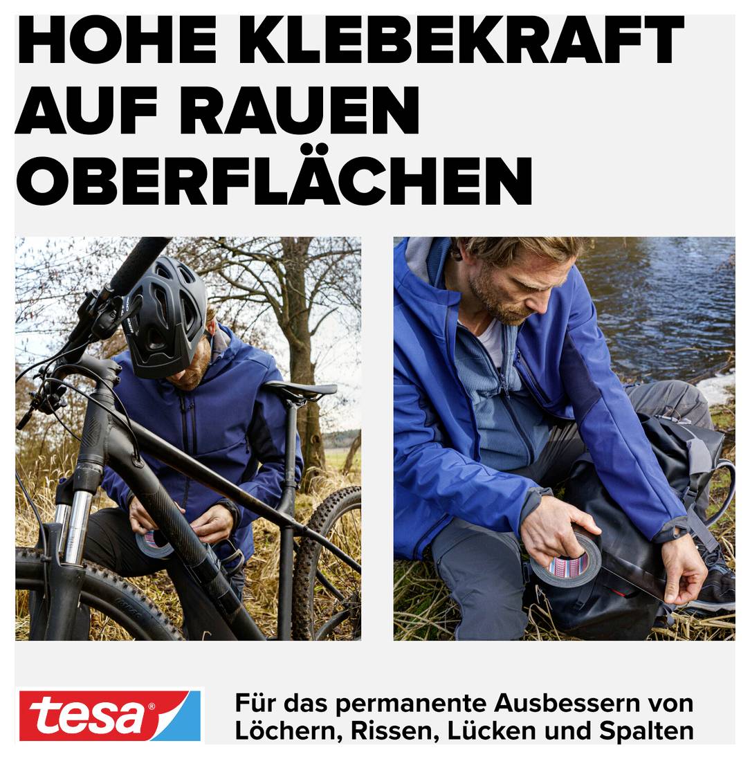 A man is repairing a bicycle and a rucksack with adhesive tape beside a body of water. Text: 'High adhesive strength on rough surfaces'.