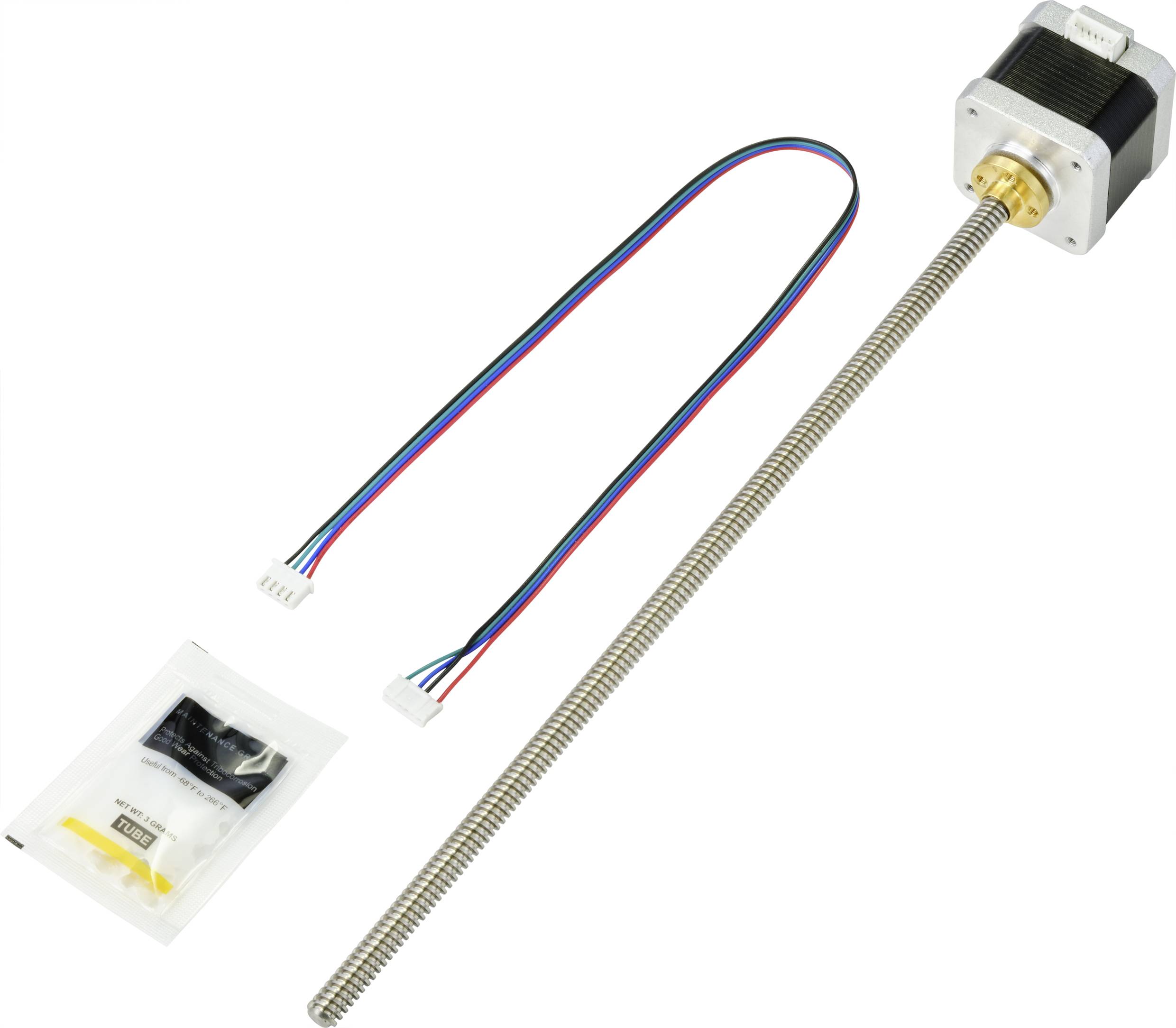 Stepper motor with lead screw and connecting cable, suitable for precise mechanical motion control in mechanical engineering applications.