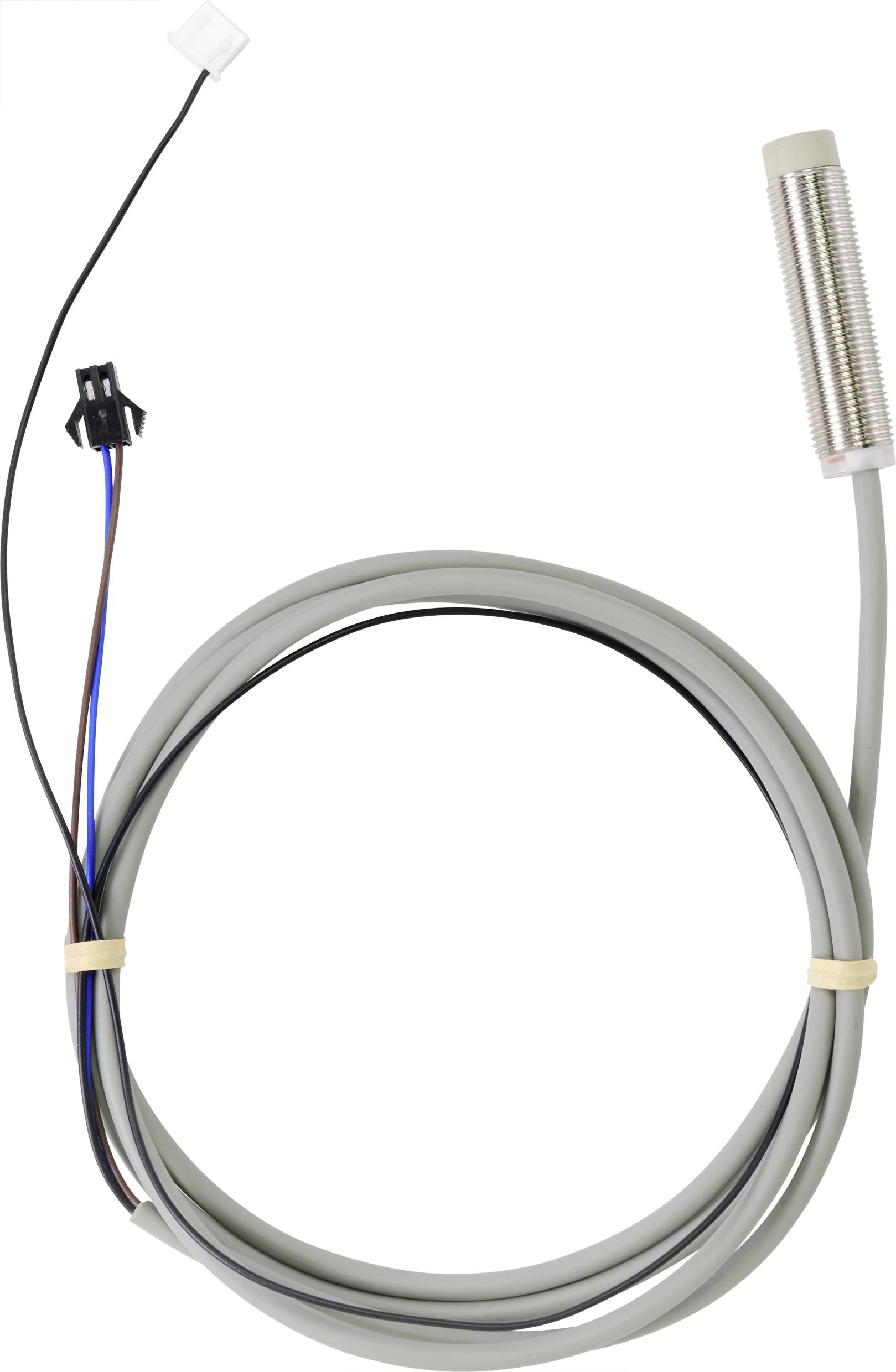 An inductive proximity sensor with a grey cable, black and blue wires, and a white plug. Suitable for industrial applications.