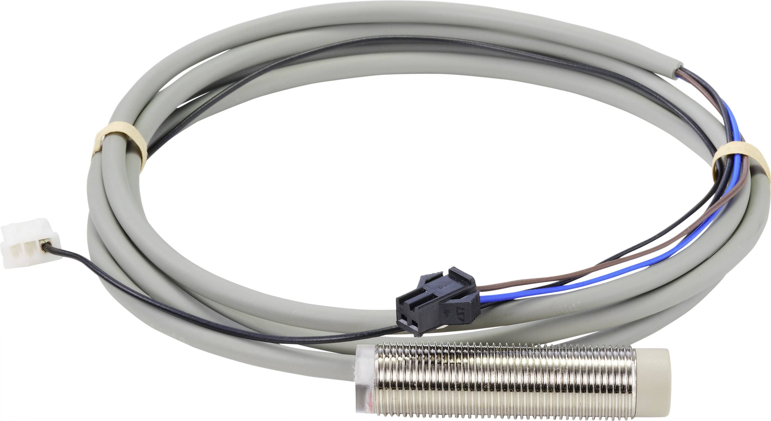 A cylindrical proximity sensor with grey cable and plug connections, suitable for detecting objects without direct contact.