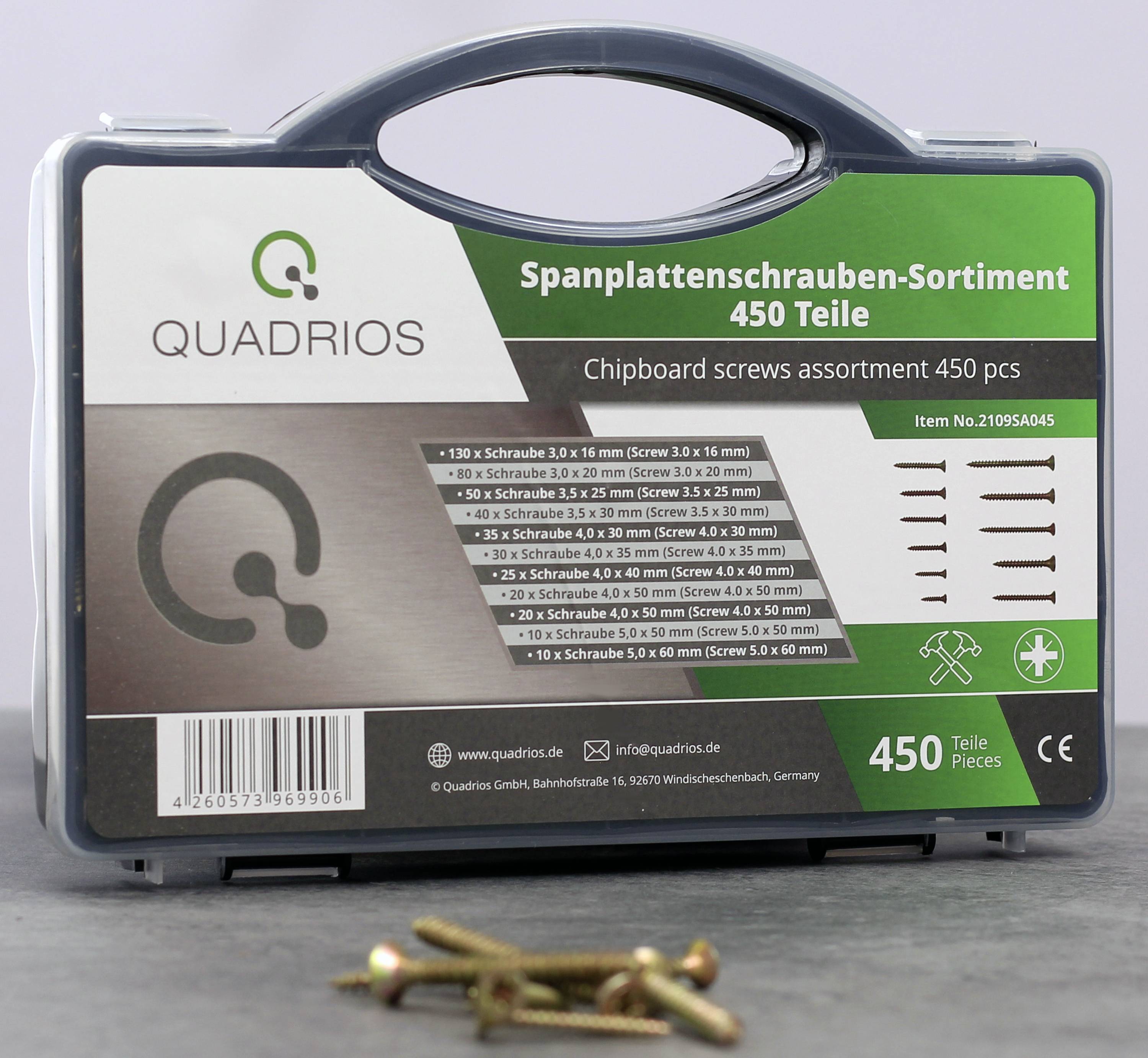 'Quadrio Chipboard Screw Assortment 450 Pieces' in a case. Contains various screw sizes; illustration shows screws.