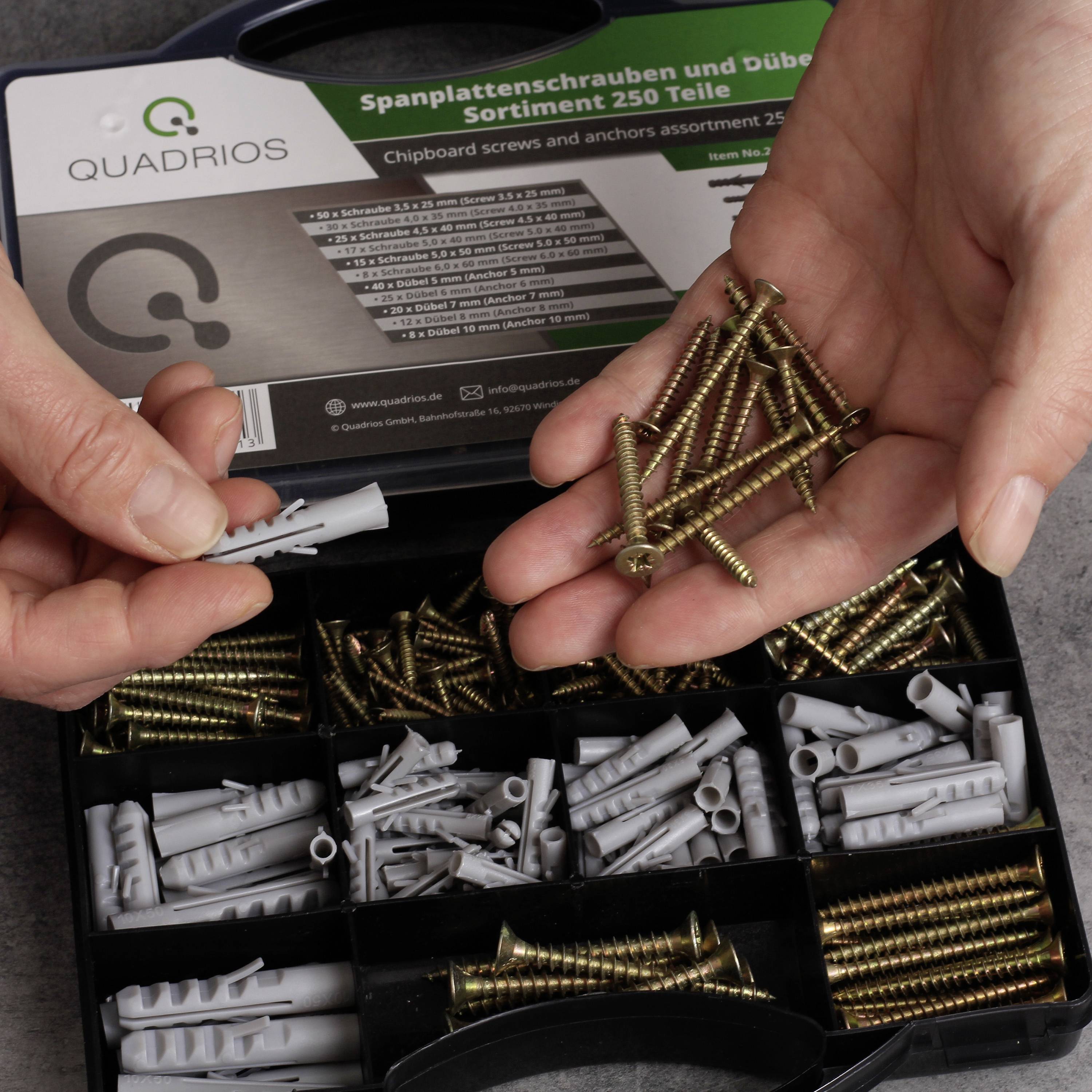 A person is holding a handful of golden screws over an open box containing various screws and wall plugs, with the label 'QUADRIOS'.