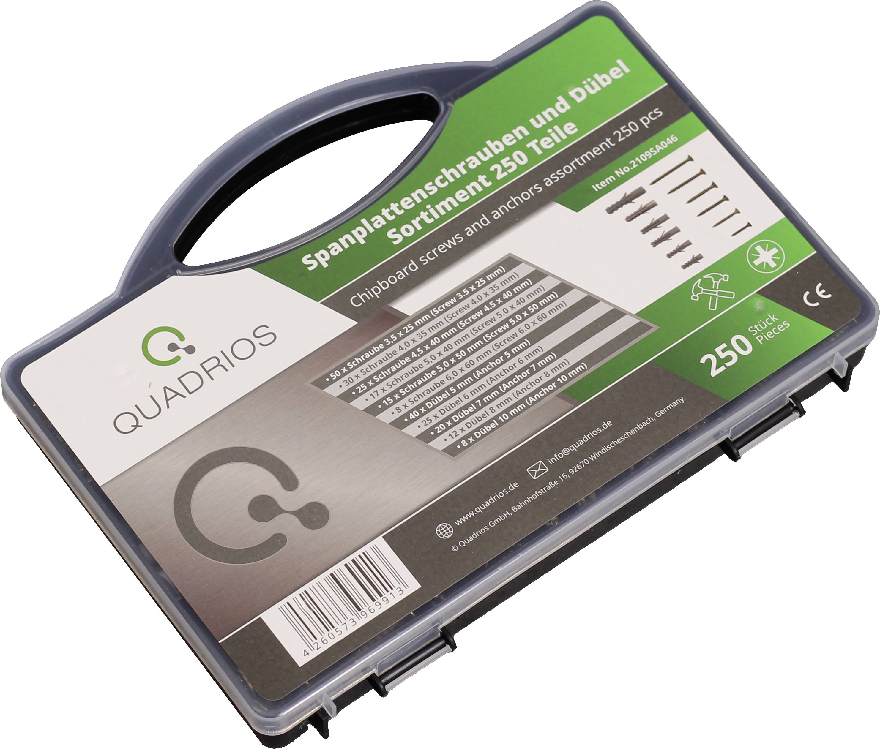 Plastic box containing 250 chipboard screws and wall plugs by Quadrios. Various sizes are illustrated on the packaging.
