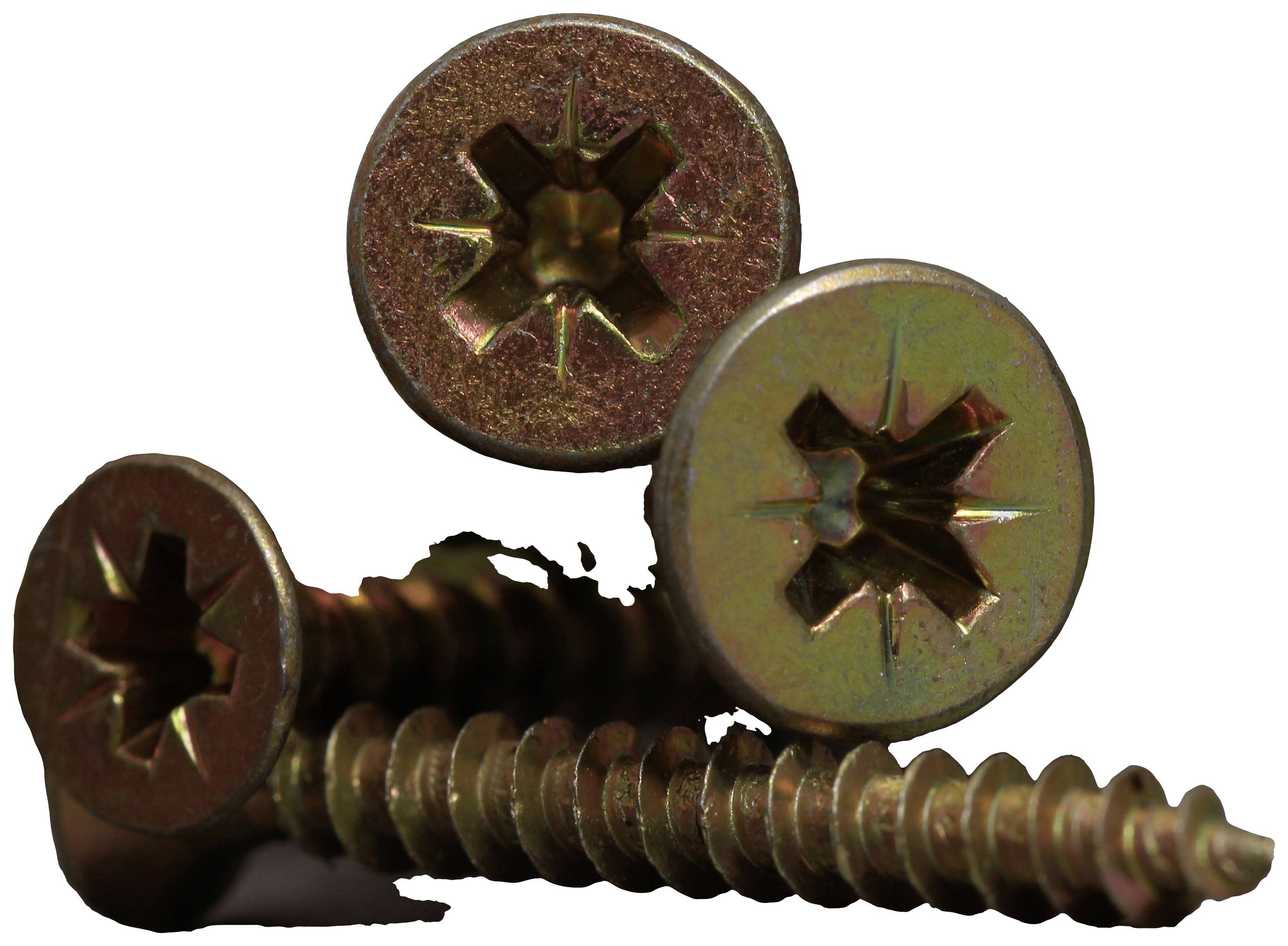 Three gold-coloured cross-head screws in close-up, two standing and one lying down.
