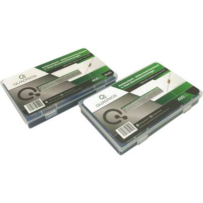Two plastic boxes with Quadrios capacitors, 400 pieces per box, in various values. Packaging design green and grey.