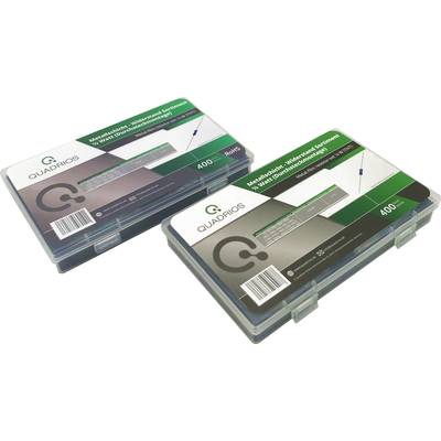 Two plastic boxes with the label 'QUADRIOS', containing metal resistors. The boxes are transparent and have white labels.